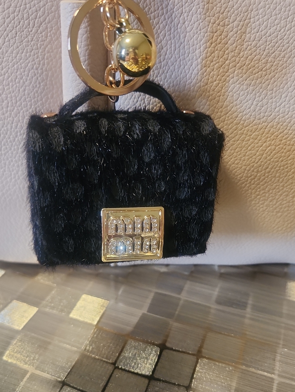 Black Faux Fur Mini Bag Keychain with Gold Accent